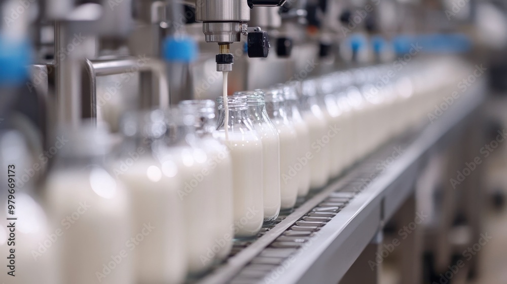 Automated Machine Filling Plant-Based Milk Bottles in Clean,Modern Facility Automated Machine Filling Plant-Based Milk Bottles in Clean,Modern Facility