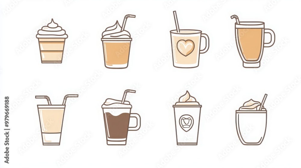 Milk-Based Beverages thin line icon set. Containing milkshakes, hot chocolate, lassi, chai tea, and café latte Milk-Based Beverages thin line icon set. Containing milkshakes, hot chocolate, lassi, chai tea, and café latte