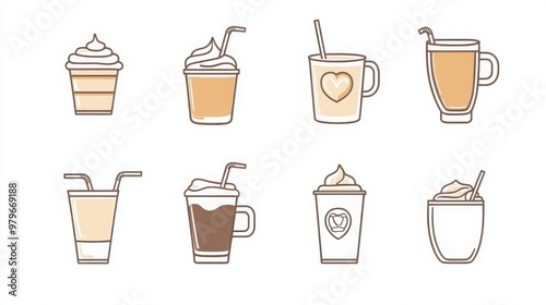 Milk-Based Beverages thin line icon set. Containing milkshakes, hot chocolate, lassi, chai tea, and cafÃ© latte