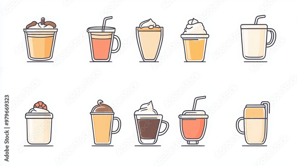 Milk-Based Beverages thin line icon set. Containing milkshakes, hot chocolate, lassi, chai tea, and café latte Milk-Based Beverages thin line icon set. Containing milkshakes, hot chocolate, lassi, chai tea, and café latte