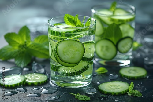 Two glasses of cucumber water with cucumber slices floating in the water