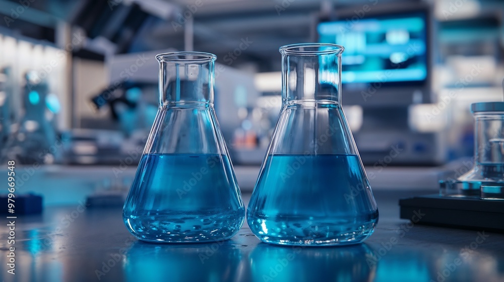 On a laboratory table, there are two beakers containing blue liquid On a laboratory table, there are two beakers containing blue liquid
