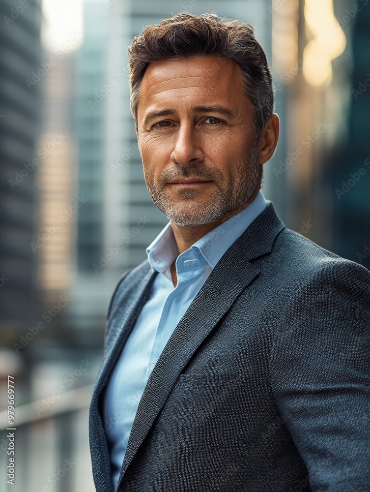 Portrait of a mature middle-aged Caucasian man in a business suit outdoors with a blurred business center in the background. businessman in the city, copy space. Portrait of a mature middle-aged Caucasian man in a business suit outdoors with a blurred business center in the background. businessman in the city, copy space.