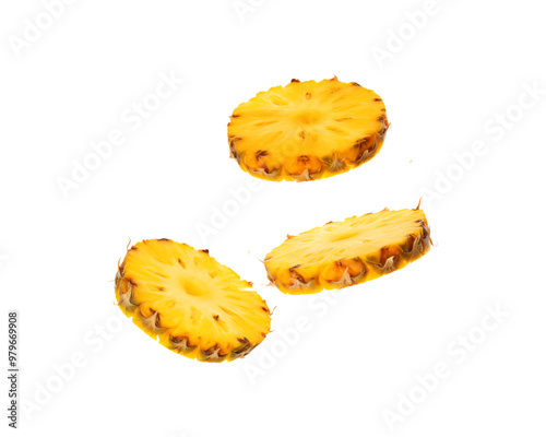 Pineapple slices stacked vertically on white are perfect for food blogs, tropical themes, summer designs, and fruit related content. Generative AI photo