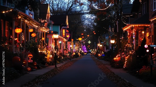 Charming street adorned with festive Halloween decorations, glowing pumpkins, and colorful lights during twilight. Perfect autumn scene.