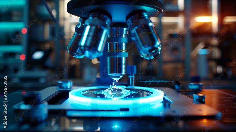 electric blue microscope in a scientific laboratory, with a circle of light illuminating the sample generative ai electric blue microscope in a scientific laboratory, with a circle of light illuminating the sample generative ai
