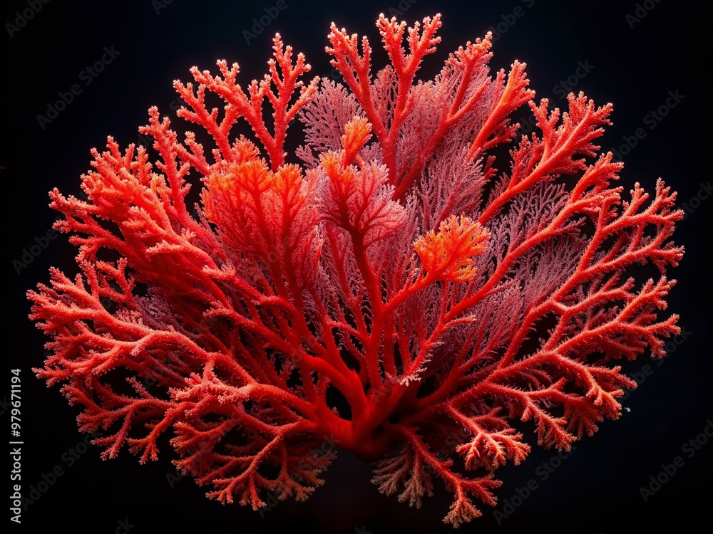 Vibrant red algae specimen showcased on a stark black background, highlighting intricate textures and delicate details in high-resolution macro photography. Vibrant red algae specimen showcased on a stark black background, highlighting intricate textures and delicate details in high-resolution macro photography.