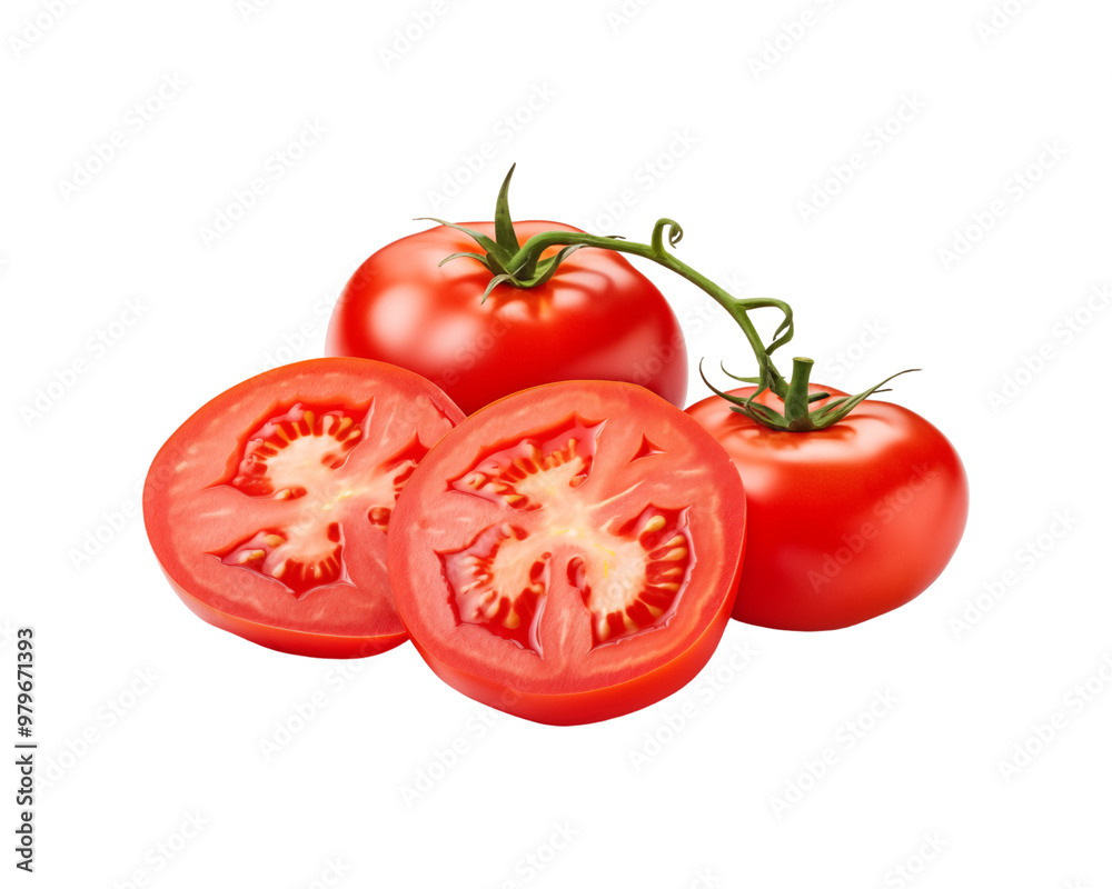 Whole tomato, three tomato slices on white background. Perfect for food blogs, recipes, kitchen decor, or healthy eating concepts. Generative AI Whole tomato, three tomato slices on white background. Perfect for food blogs, recipes, kitchen decor, or healthy eating concepts. Generative AI