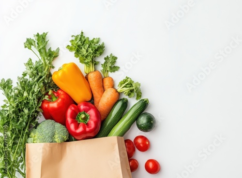  Top view of a paper bag filled with vegetables on a white background, in a flat lay arrangement. Space for text. The concept of healthy eating and shopping in the supermarket. online delivery service