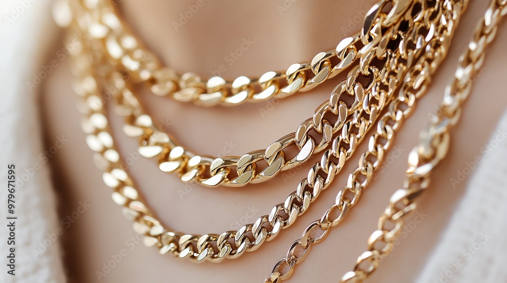 Obraz premium Close-up of elegant gold chains layered on a mannequin, showcasing luxury and style in jewelry fashion.