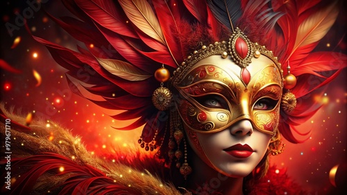 Vibrant red background showcases an intricately designed, ornate carnival mask with golden accents, delicate feathers, and a mysterious, alluring gaze.