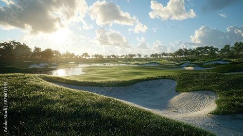 Open golf course under a clear blue sky, vast green fairways stretching out, gentle breeze rustling through trees, inviting atmosphere for players and enthusiasts alike photo