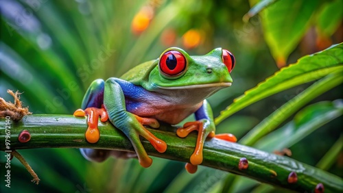 Vibrant red-eyed tree frog perches on a lush green branch, showcasing its striking emerald skin and golden eyes in a rainforest habitat. photo