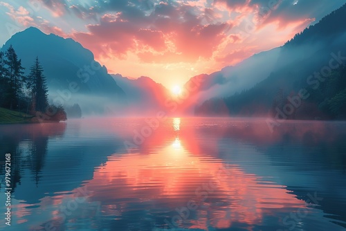 A beautiful sunset over a lake with mountains in the background