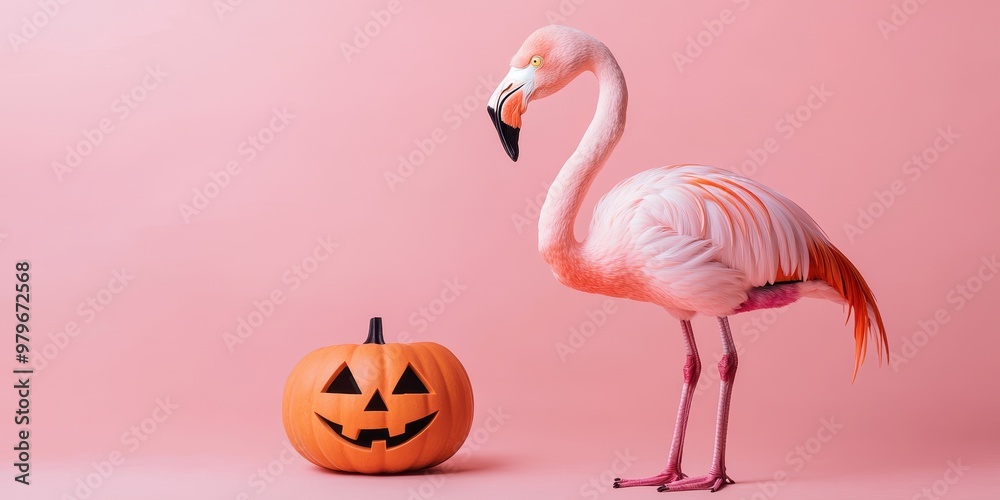 Obraz premium Flamingo and Jack-o-lantern: Whimsical Halloween Duo on Pink Background