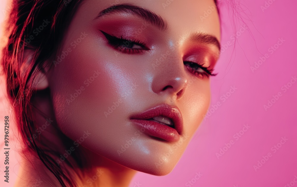 Beautiful makeup of a very attractive woman on a color background as in a photo studio. Studio soft light. 