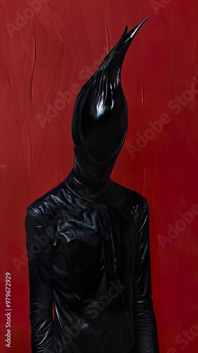 A person wearing a black, hooded, pointed head covering stands against a red background.