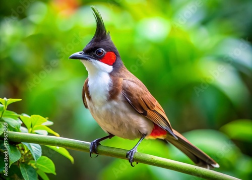 Vibrant red-whiskered bulbul perches on branch, showcasing distinctive crest and bright plumage, amidst lush green foliage in its tropical Asian habitat. photo