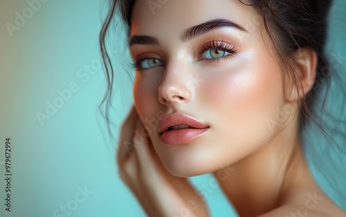 Beautiful makeup of a very attractive woman on a color background as in a photo studio. Studio soft light. 