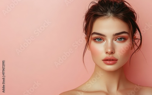 Beautiful makeup of a very attractive woman on a color background as in a photo studio. Studio soft light. 