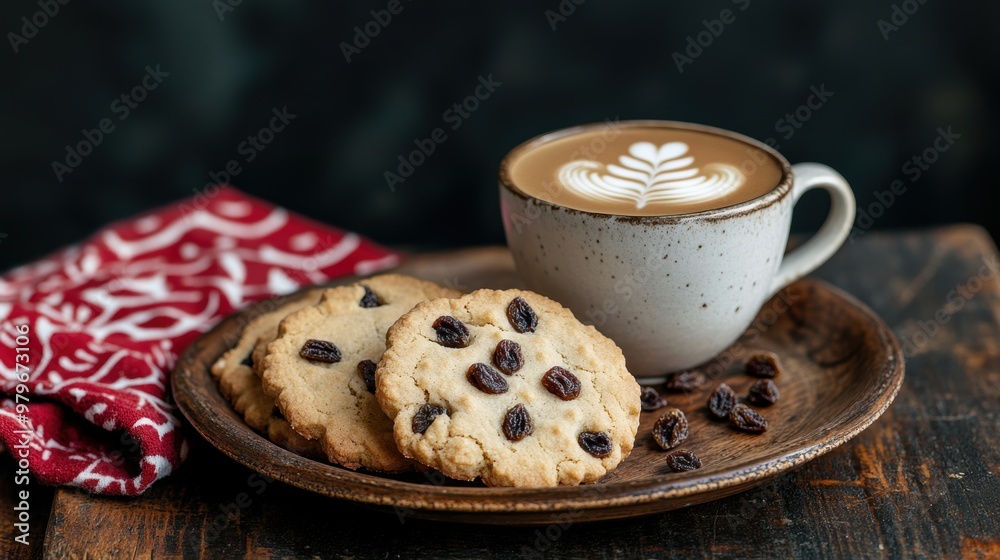 Raisin cookies with coffee on table Raisin cookies with coffee on table