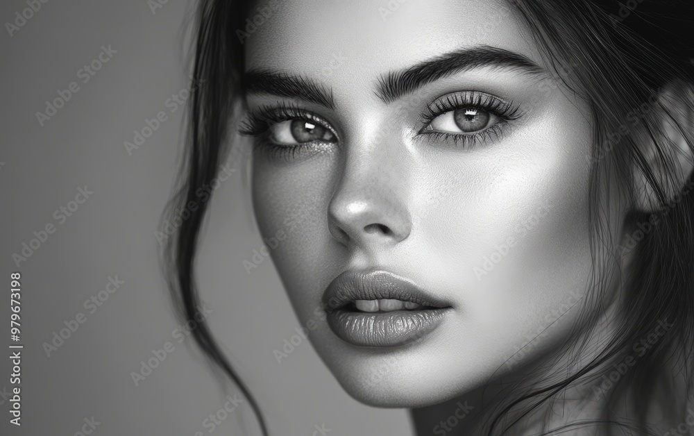 Fototapeta premium Beautiful makeup of a very attractive woman on a monochrome background as in a photo studio. Studio soft light.
