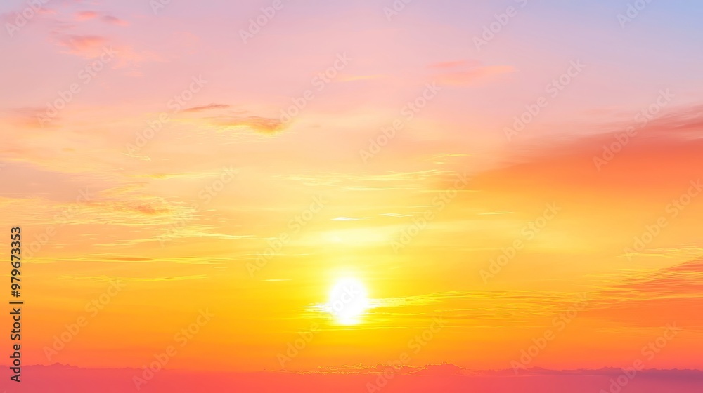 Obraz premium Vibrant Sunset Over Horizon, A stunning panorama showcasing a fiery orange sky illuminated by a brilliant sun, creating an expansive scene of serene beauty and tranquility.