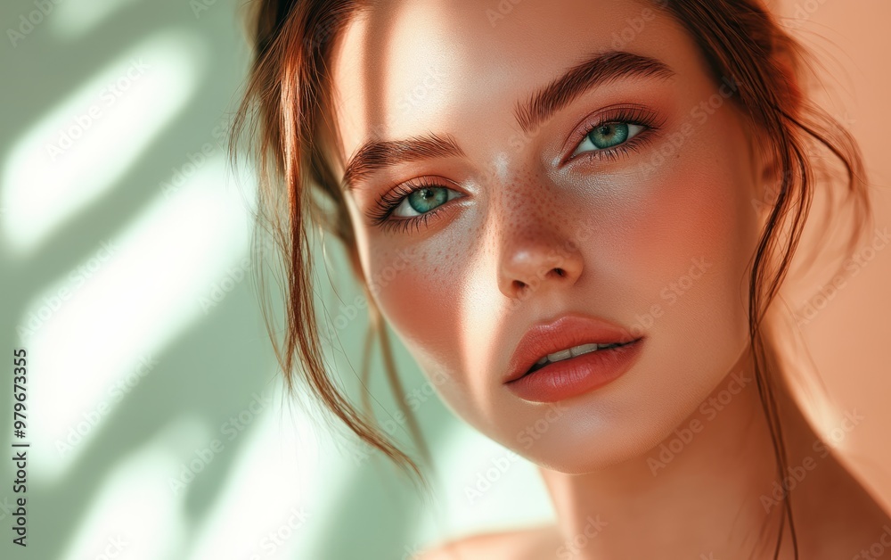 Beautiful makeup of a very attractive woman on a color background as in a photo studio. Studio soft light. Beautiful makeup of a very attractive woman on a color background as in a photo studio. Studio soft light.