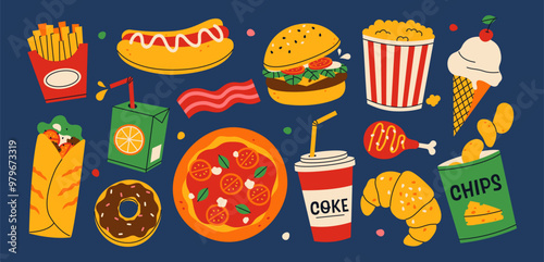 Fast food set. French fries, hamburger, hot dog, popcorn, shawarma, chips, pizza, coke, donut etc. Vector illustration of takeaway street food.