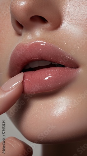 Close-up of glossy lips being gently touched by a fingertip, highlighting beauty and skincare aesthetics. photo