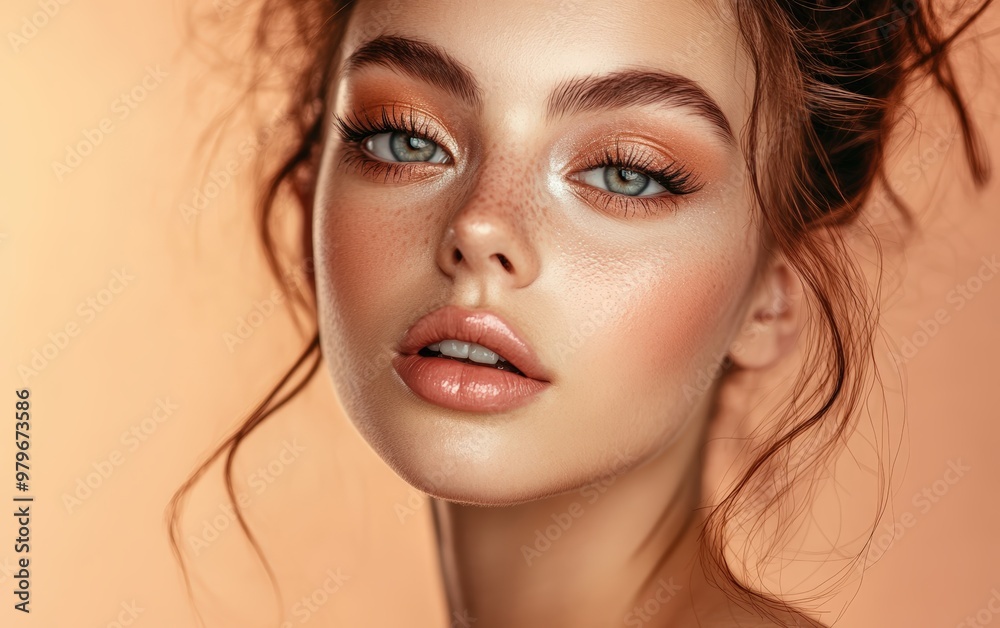 Beautiful makeup of a very attractive woman on a color background as in a photo studio. Studio soft light. Beautiful makeup of a very attractive woman on a color background as in a photo studio. Studio soft light.