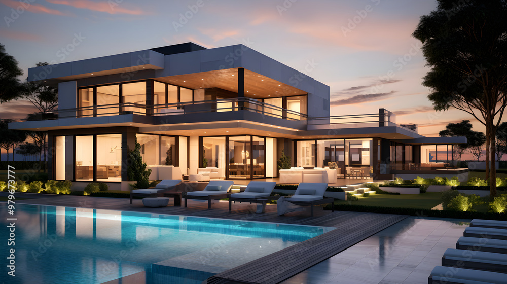 Fototapeta premium Luxury Real Estate: Majestic Modern Estate Under the Twilight Sky