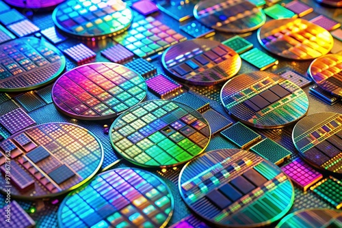 Vibrant silicon wafers with intricate microchips reflecting a kaleidoscope of colors, showcasing cutting-edge technology used in electronics for integrated circuit fabrication and innovative  photo