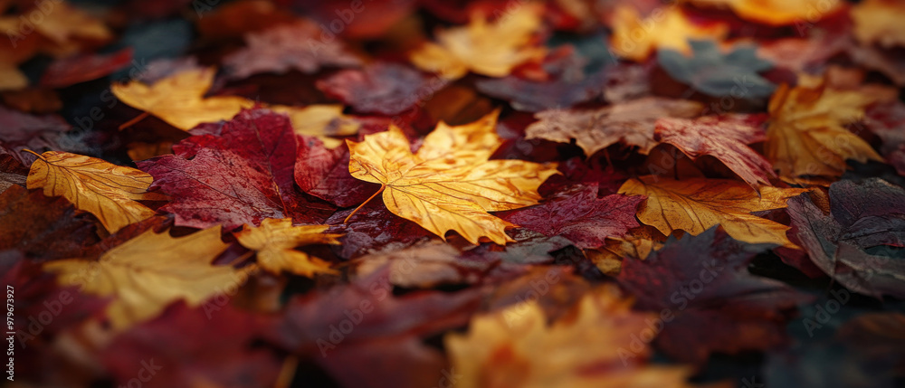 A close-up of colorful autumn leaves scattered on the ground, showcasing nature's beauty.