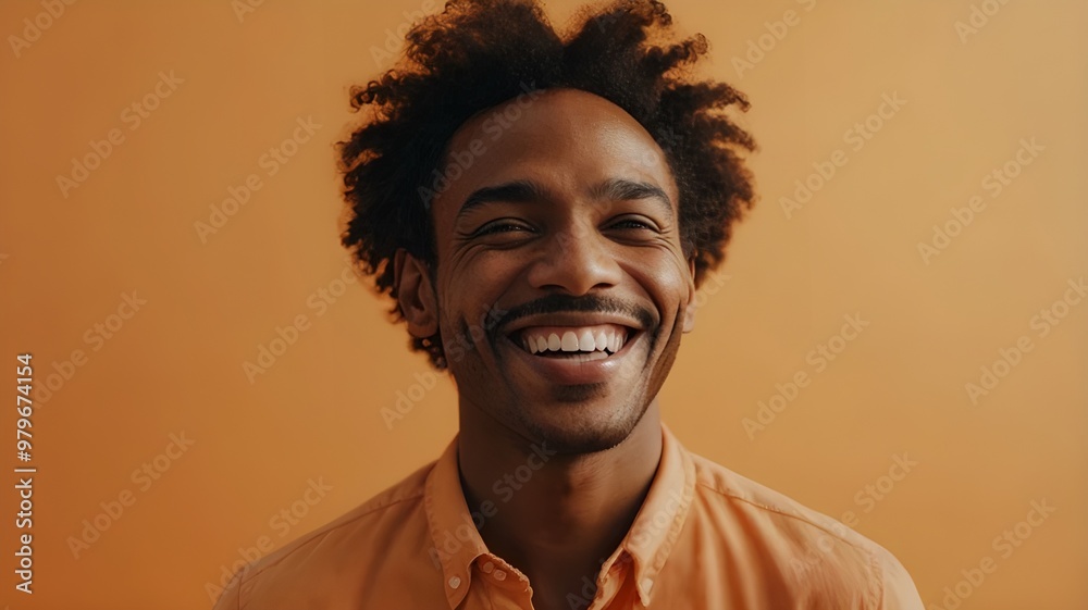 Obraz premium portrait of a an extremely happy black man with a light orange background