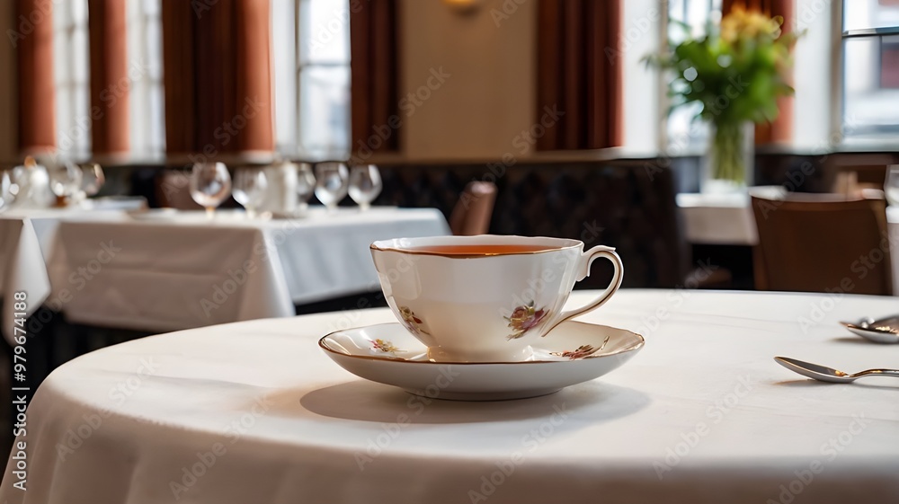 cup of tea on a table with white tablecloth in a fashionable restaurant cup of tea on a table with white tablecloth in a fashionable restaurant