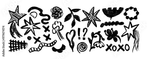 Set  of hand drawn black charcoal doodle shapes and squiggles in childish girly style. Pencil drawings isolated on white. Eyes, stars, geometric shapes, flower and cloud doodle collage elements.