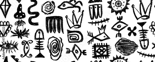 Seamless pattern  with african elements, tribal shapes and textile ornaments. Traditional ritual shapes,  ethnic circles and borders vector set. Mystic symbols and dividers, folk shapes isolated 