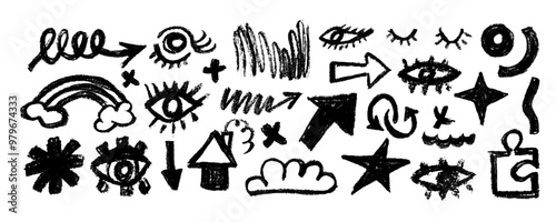 Collection of hand drawn black charcoal doodle shapes and squiggles in childish girly style. Pencil drawings isolated on white. Eyes, stars, arrows, rainbow and cloud doodle collage elements.