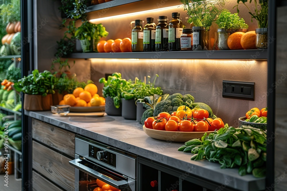 A kitchen counter with a variety of fruits and vegetables, including oranges