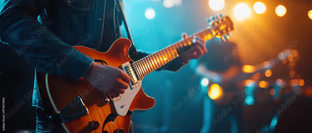 Obraz premium A musician playing an electric guitar on stage with vibrant lighting.
