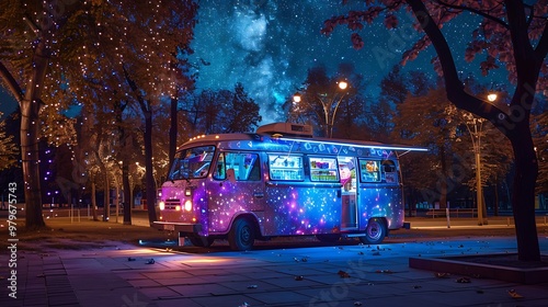 A lively frozen dessert van waiting in a park with a starry background on the pavement