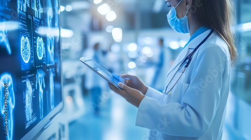 Medical professional reviewing patient scans on a digital tablet in a modern healthcare facility, focused on digital technology.