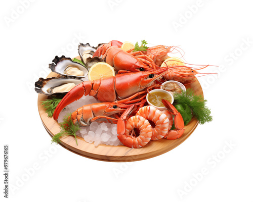 Platter of seafood on a black dish with lobster, shrimp, mussels, oysters, and lemon wedges. appropriate for food blogs and restaurant menus. Generative AI photo