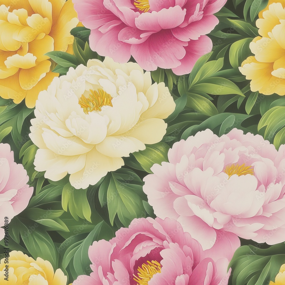 Vibrant peonies in shades of white, pink, and yellow flourish amidst green leaves, seamless pattern Vibrant peonies in shades of white, pink, and yellow flourish amidst green leaves, seamless pattern