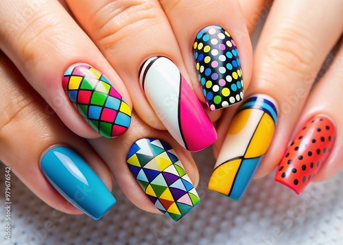 Vibrant, trendy nail art design on a young adult's hand, featuring bold colors, geometric patterns, and minimalist accents, capturing the essence of modern beauty trends. photo