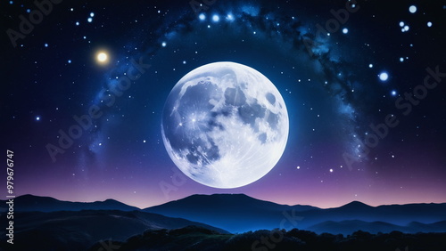 Majestic full moon illuminating night sky over mountain landscape with stars and cosmic scenery with copy space