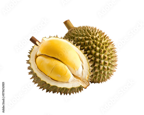 Two spiky durian fruits with one open, showcasing the vibrant yellow flesh inside, are perfect for food blogs, tropical themes, or culinary designs. Generative AI photo