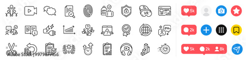 Globe, Cut and Ranking line icons pack. Social media icons. Electricity plug, Time management, Timer web icon. Messenger, Fingerprint, Web report pictogram. Vector