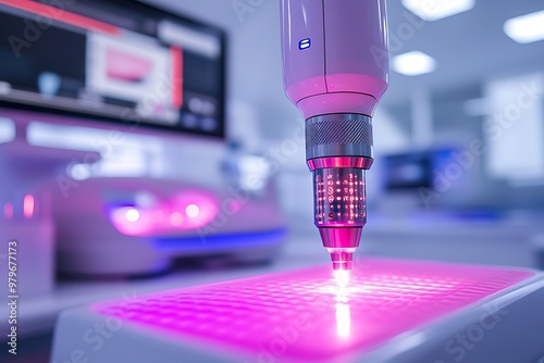 Modern medical equipment with pink light in laboratory